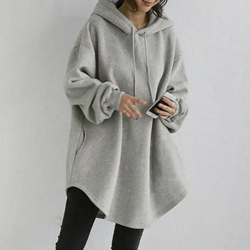 Long Sleeve Hooded Sweatshirt in gray with kangaroo pocket and relaxed drop-shoulder sleeves