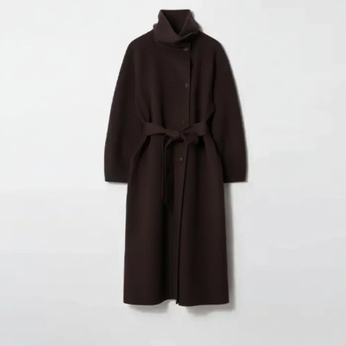 Long tweed coat women in deep brown featuring a minimalist belted shape and structured wool texture ideal for polished winter outfits