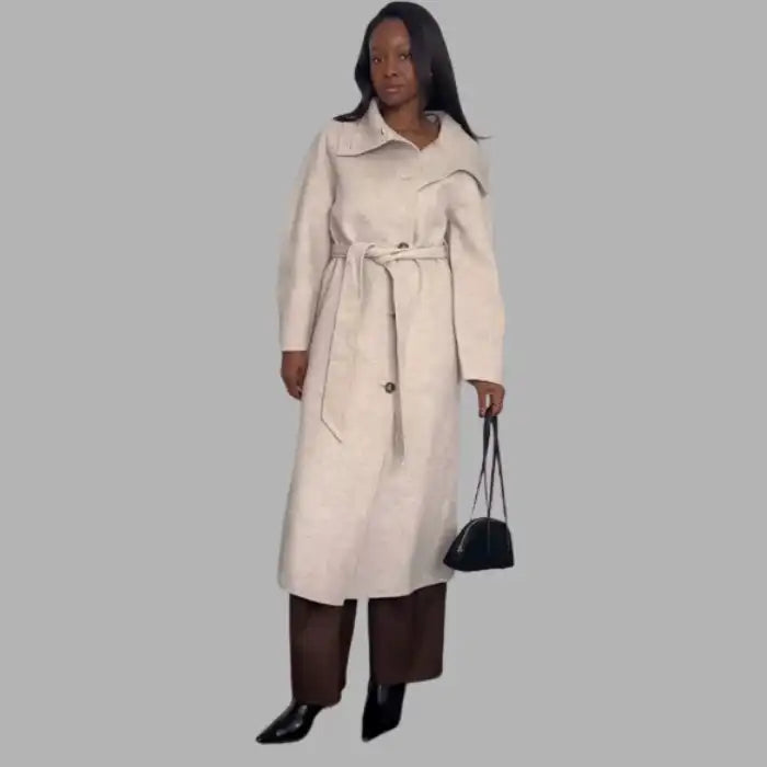 Long tweed coat women in beige with a belted wrap design, showcasing a chic tailored winter look and soft wool texture for elegance