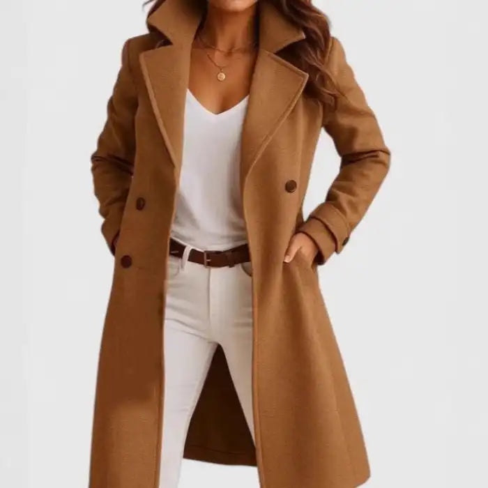 Long wool coat in camel brown with tailored fit and lapel collar, ideal for fall layering.