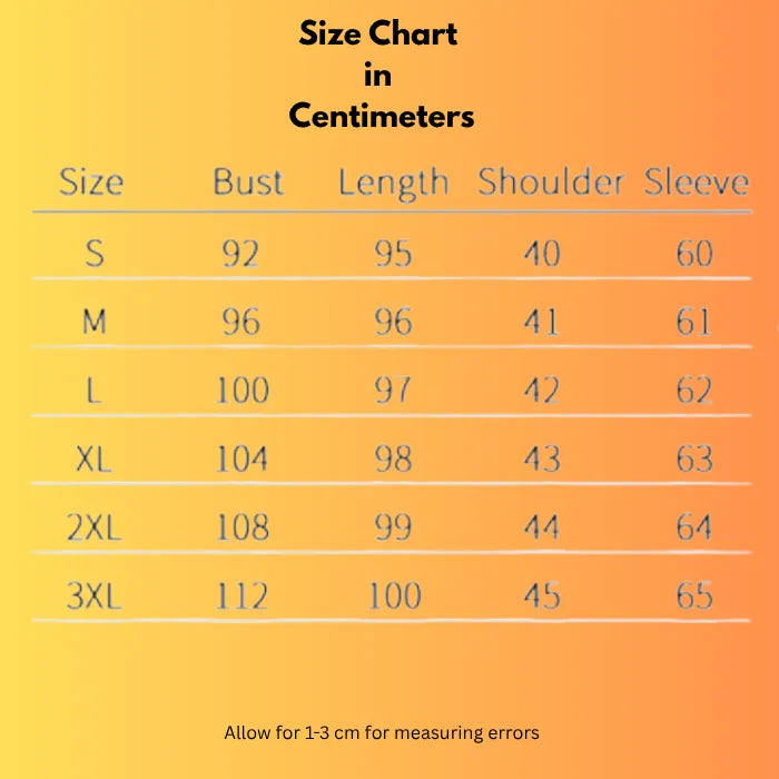Long woll coat size chart size from Small to 3 XL measured in centimeters.