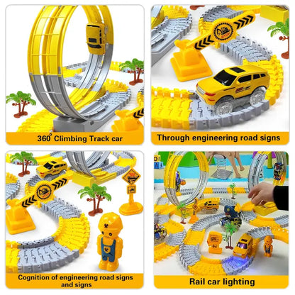 Looped race car track set with 360° climbing cars, road signs, and engineering-themed props.