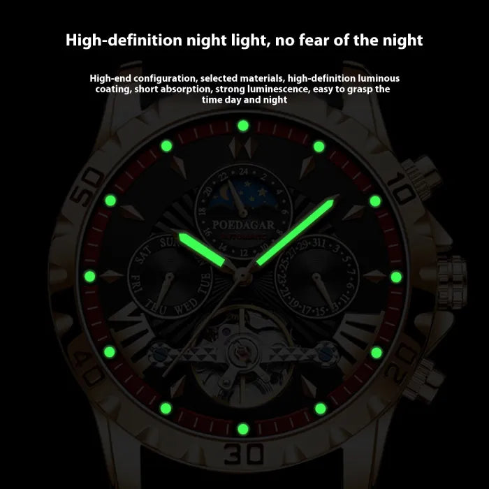 High-end automatic watch with luminescent green markers and hands for superior nighttime visibility and readability