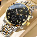 luminous stainless steel watch with two-tone bracelet, black dial, gold Roman numerals, chronograph subdials and date window