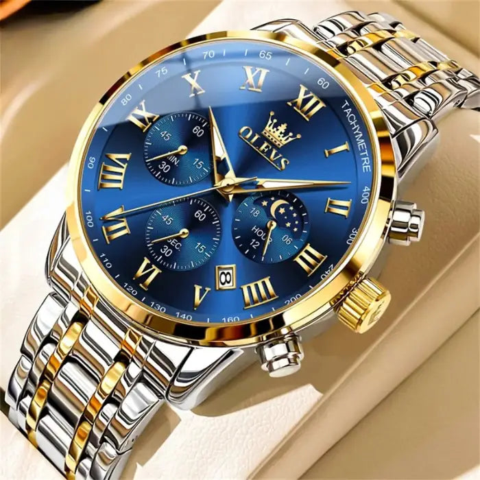 luminous stainless steel watch with two-tone bracelet featuring gradient blue dial, gold accents and triple chronograph subdials