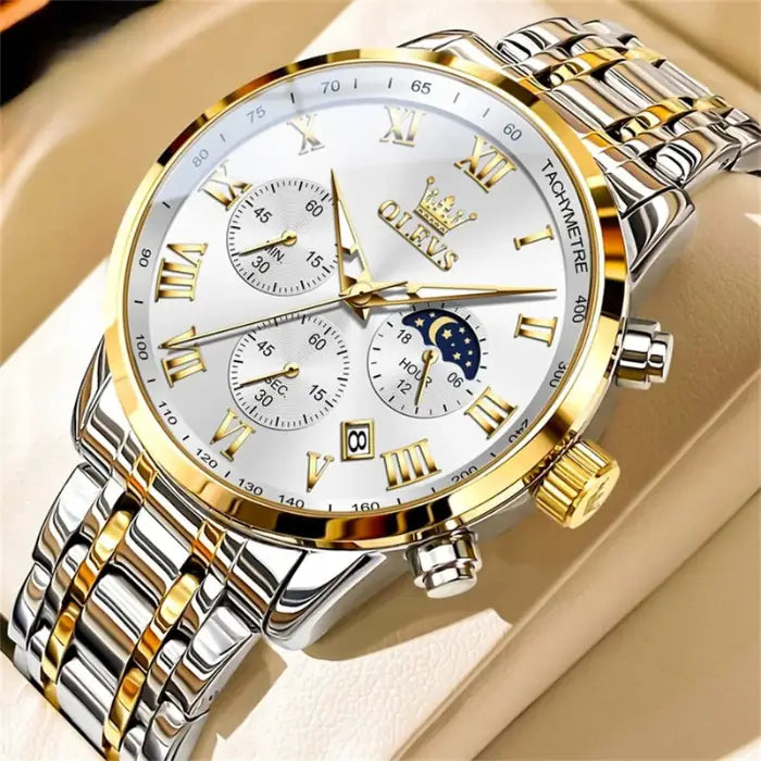  luminous stainless steel watch featuring two-tone bracelet with white dial, Roman numerals, chronograph subdials and moon phase indicator