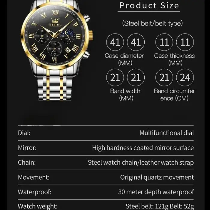 luminous stainless steel watch dial functions showing 60-minute counter, seconds counter, moon phase dial and calendar window display