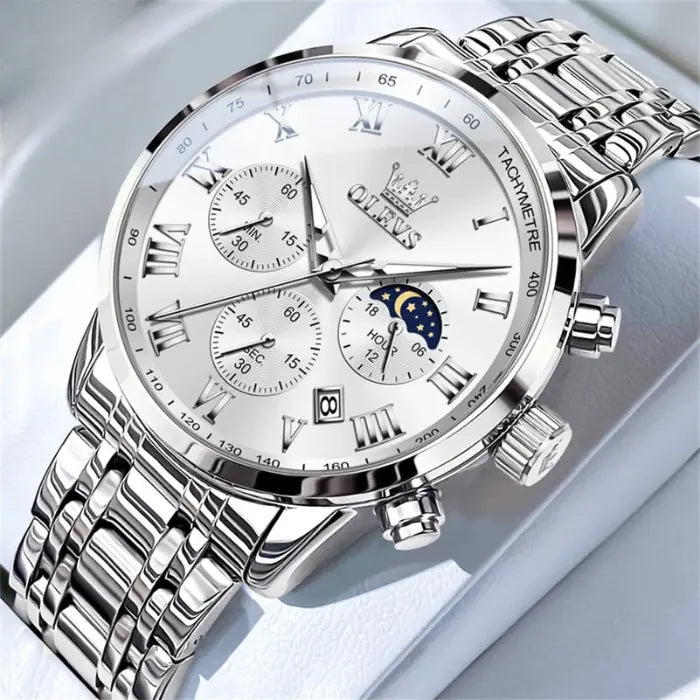 luminous stainless steel watch with all-silver bracelet, white dial and chronograph complications displayed in premium presentation box
