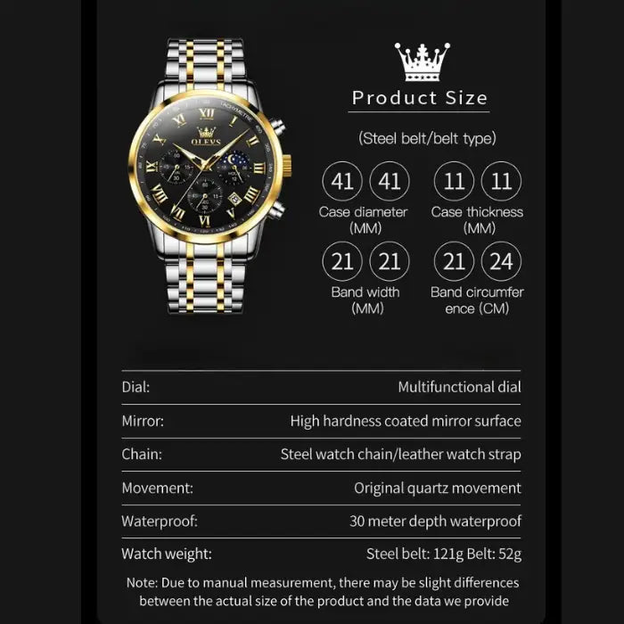 luminous stainless steel watch dimensions chart displaying case measurements, band width and additional technical specifications