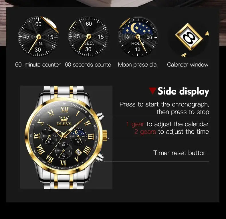luminous stainless steel watch product specifications showing 41mm case diameter, 11mm thickness and 30m water resistance rating