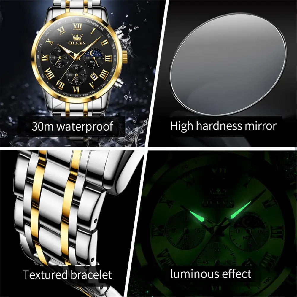 luminous stainless steel watch highlighting 30m waterproof rating, high hardness mirror, textured bracelet and green luminous effect in dark