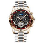 Luxury two-tone gold automatic watch with moon phase display and Roman numerals on black dial with red accents