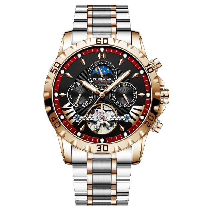 Luxury two-tone gold automatic watch with moon phase display and Roman numerals on black dial with red accents