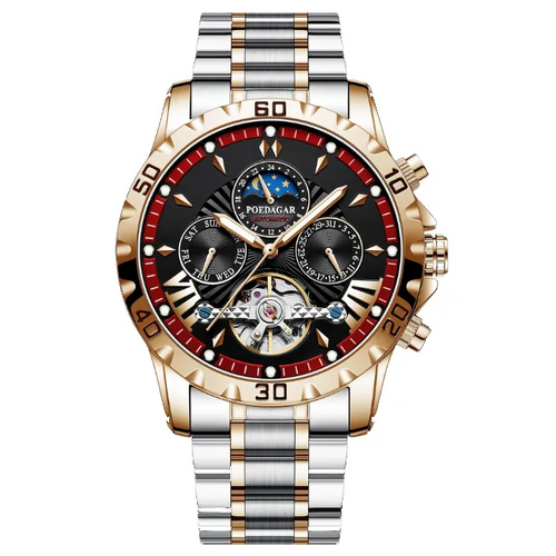 Luxury two-tone gold automatic watch with moon phase display and Roman numerals on black dial with red accents