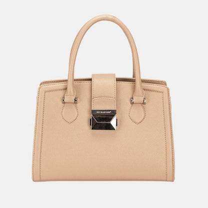 Elegant structured beige leather designer handbag with silver geometric clasp closure and double top handles