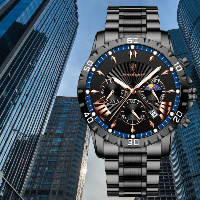 black and blue chronograph watch with city skyscrapers in the background