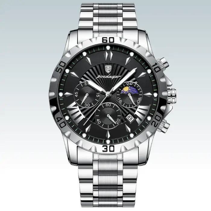 silver stainless steel men's watch with a black dial and chronograph features.