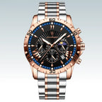 luxury rose gold and black men's watch with silver strap and chronograph dials