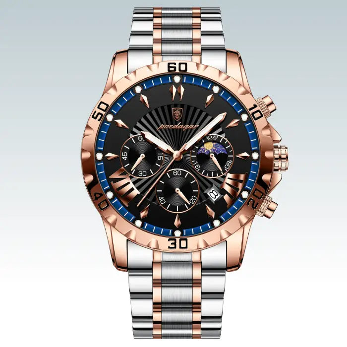 luxury rose gold and black men's watch with silver strap and chronograph dials