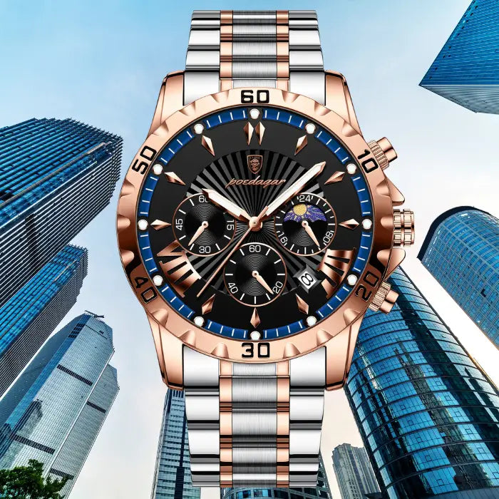 rose gold men's watch with black dial and blue accents displayed against a city skyscraper background.