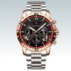  luxury rose gold chronograph watch with black dial and stainless steel band