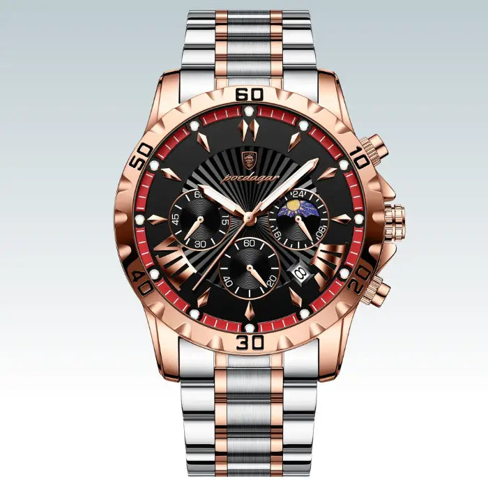  luxury rose gold chronograph watch with black dial and stainless steel band