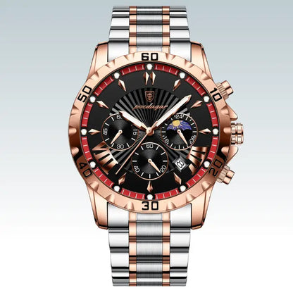  luxury rose gold chronograph watch with black dial and stainless steel band