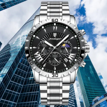 silver chronograph watch with black dial and skyscrapers in the background