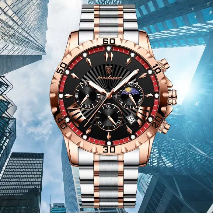 luxury rose gold men's watch with black dial, chronograph features, and steel bracelet against cityscape.