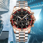 luxury rose gold men's watch with black dial, chronograph features, and steel bracelet against cityscape.