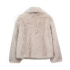 Luxury faux fur coat back view in beige showing dense plush fibers and smooth shape, emphasizing high-quality soft winter material
