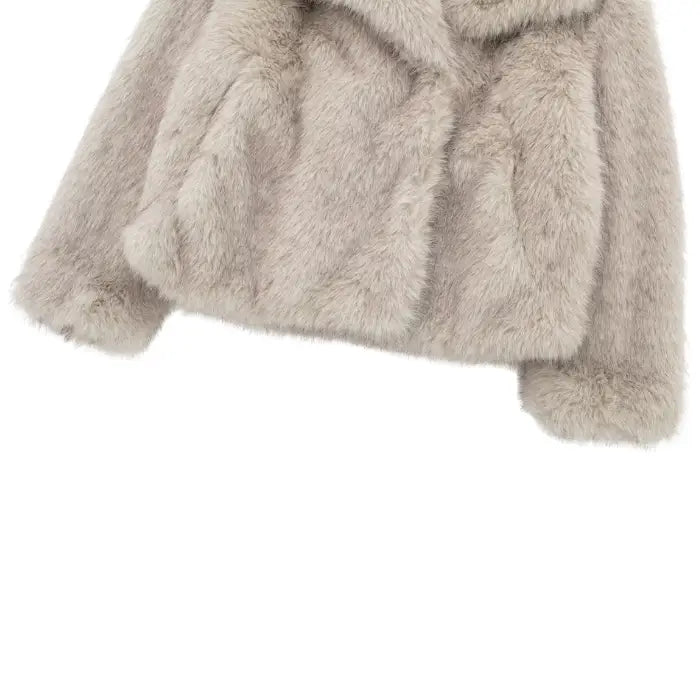 Luxury faux fur coat shown in full beige view with thick soft fibers and wide collar, designed for premium warmth and chic winter elegance
