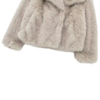 Luxury faux fur coat shown in full beige view with thick soft fibers and wide collar, designed for premium warmth and chic winter elegance