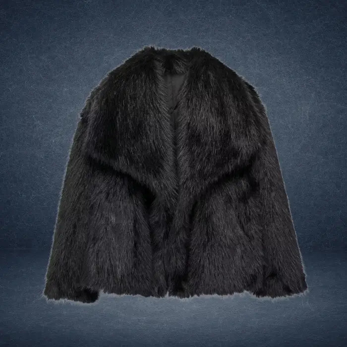Luxury faux fur coat in deep black displayed on dark backdrop, featuring voluminous plush fibers for bold high-end winter elegance