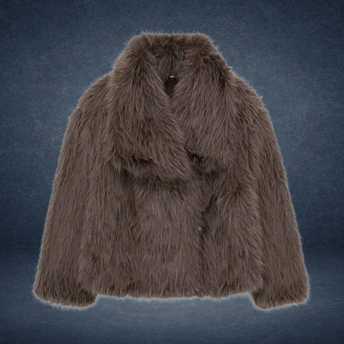 Luxury faux fur coat in chocolate brown with soft long fibers and wide collar, offering classic warm premium outerwear styling