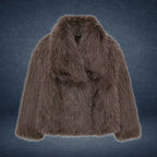 Luxury faux fur coat in chocolate brown with soft long fibers and wide collar, offering classic warm premium outerwear styling