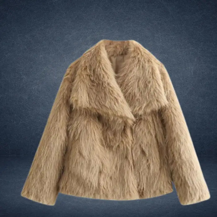 Luxury faux fur coat in camel shade presented in studio, showcasing long plush fibers and chic wide collar for refined winter fashion