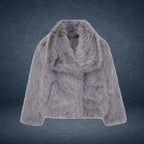 Luxury faux fur coat in soft grey against dark background, featuring thick plush texture and wide collar for elegant winter outerwear