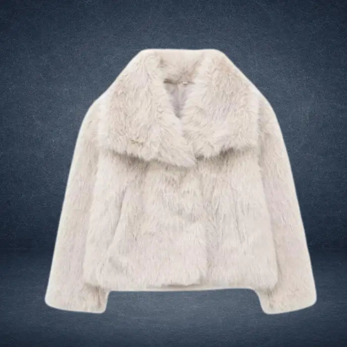 Luxury faux fur coat in ivory with plush fluffy fibers and wide collar, creating soft luxurious outerwear ideal for winter styling