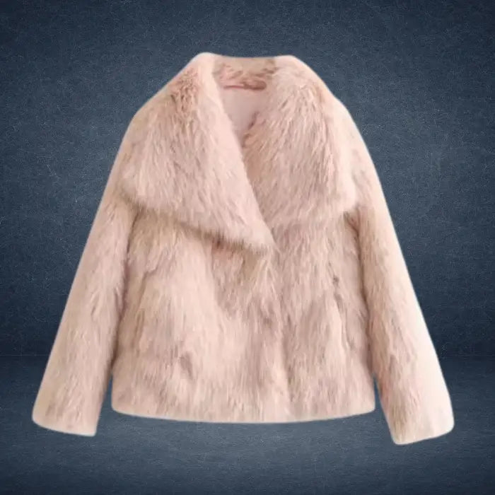Luxury faux fur coat in light pink displayed in studio, featuring wide collar and dense plush fibers creating chic warm winter elegance