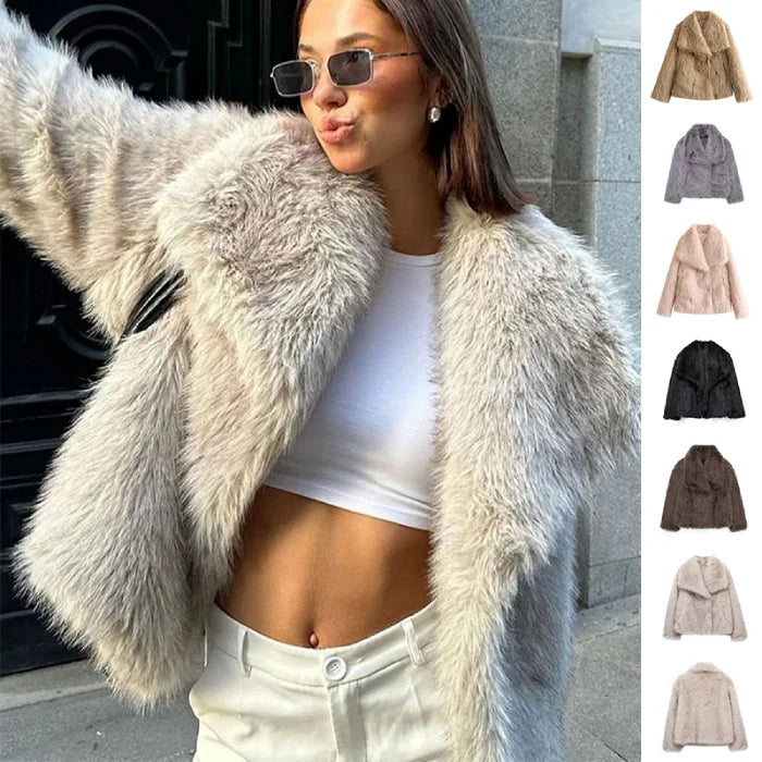 Luxury faux fur coat in beige modeled with multiple color options shown beside, highlighting plush texture and premium winter outerwear variety