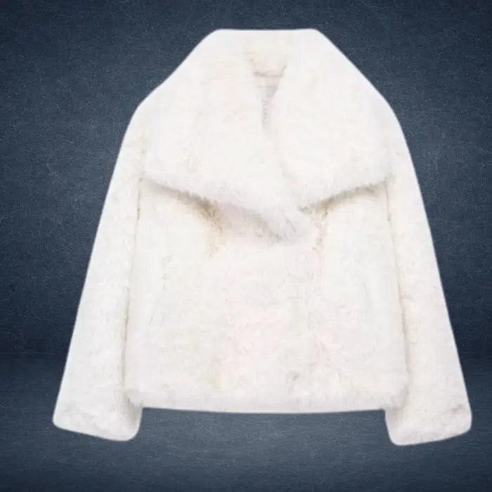 Luxury faux fur coat in white shown on dark backdrop, featuring plush thick fibers and wide collar for premium warm winter outerwear