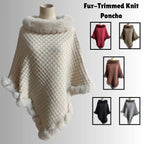 Luxury Fur-Trimmed Knit Poncho displayed with multiple color options, showing textured knit and fur trim for elegant winter wardrobe