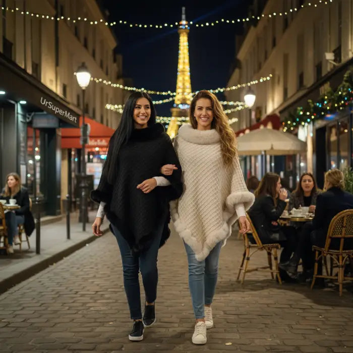 Luxury Fur-Trimmed Knit Poncho worn by two women walking at night in Paris, highlighting cozy winter elegance and fur-trim accents