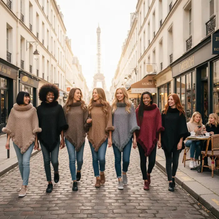 Luxury Fur-Trimmed Knit Poncho styled by diverse women walking in Paris, showcasing elegant winter fashion in multiple colors