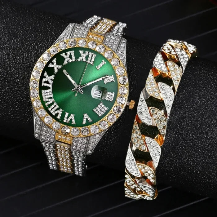 Luxury watch with green dial, crystal embellishments, and gold band on black background.