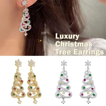 Luxury Christmas tree earrings in gold and silver, adorned with vibrant gemstones for holiday elegance.