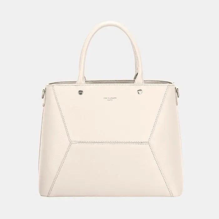  Elegant cream leather tote bag with geometric paneling, silver hardware, and structured design