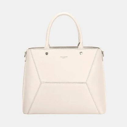  Elegant cream leather tote bag with geometric paneling, silver hardware, and structured design