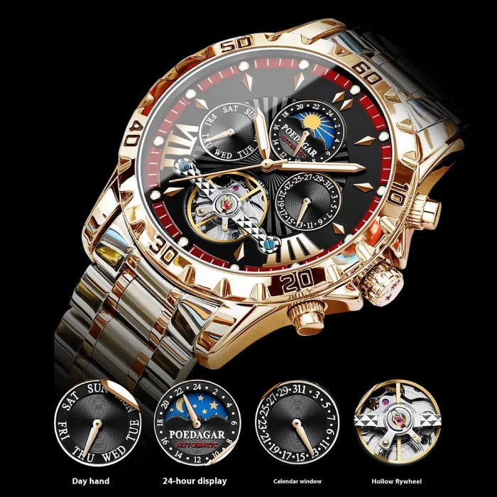  Detailed view of luxury watch dial showing day, date, 24-hour display and hollow flywheel movement functions